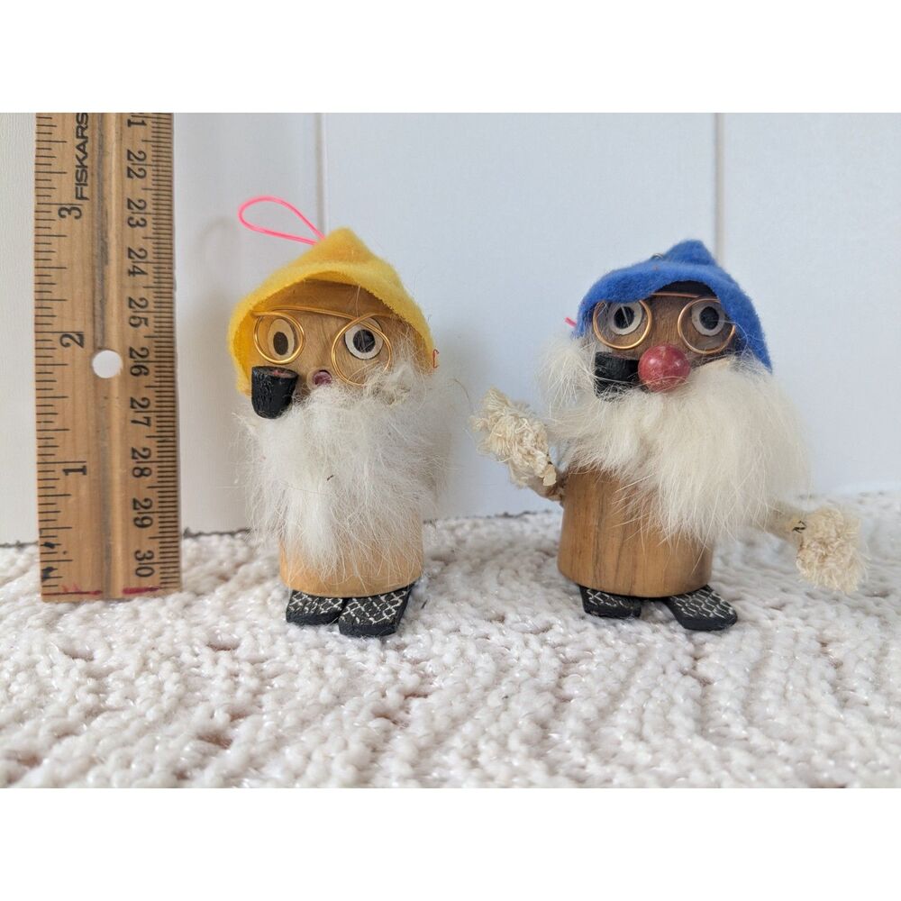2 Vintage 1970's Wooden Gnome Ornaments - Pipes, Hats, Glasses- AS IS